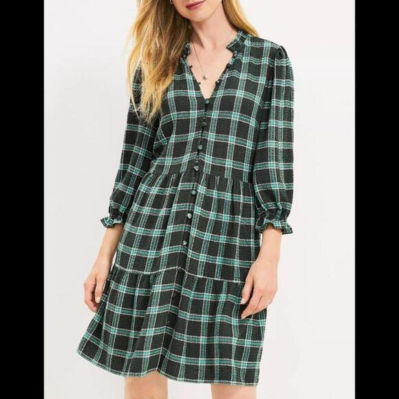 Loft Ann Taylor large green and white plaid ruffled knee length dress - Picture 1 of 5